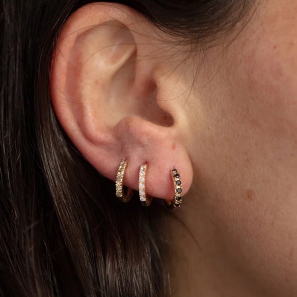Solid Gold and Salt and Pepper Diamond Huggie Hoop Earrings Local Eclectic NWT - Picture 1 of 5